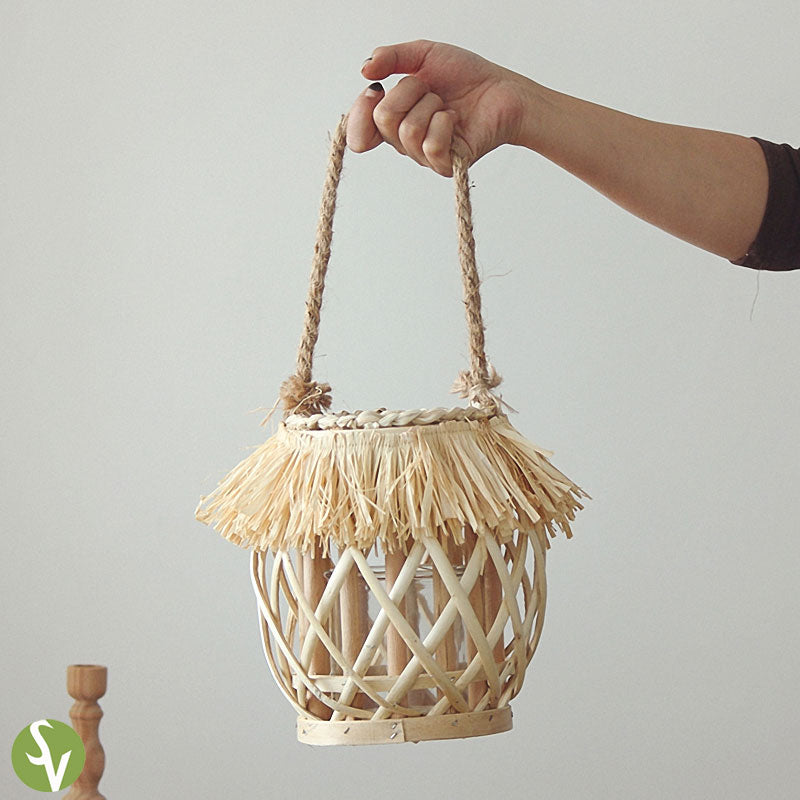 Handwoven Straw Lantern - Boho Home Decor or Outdoor Lighting