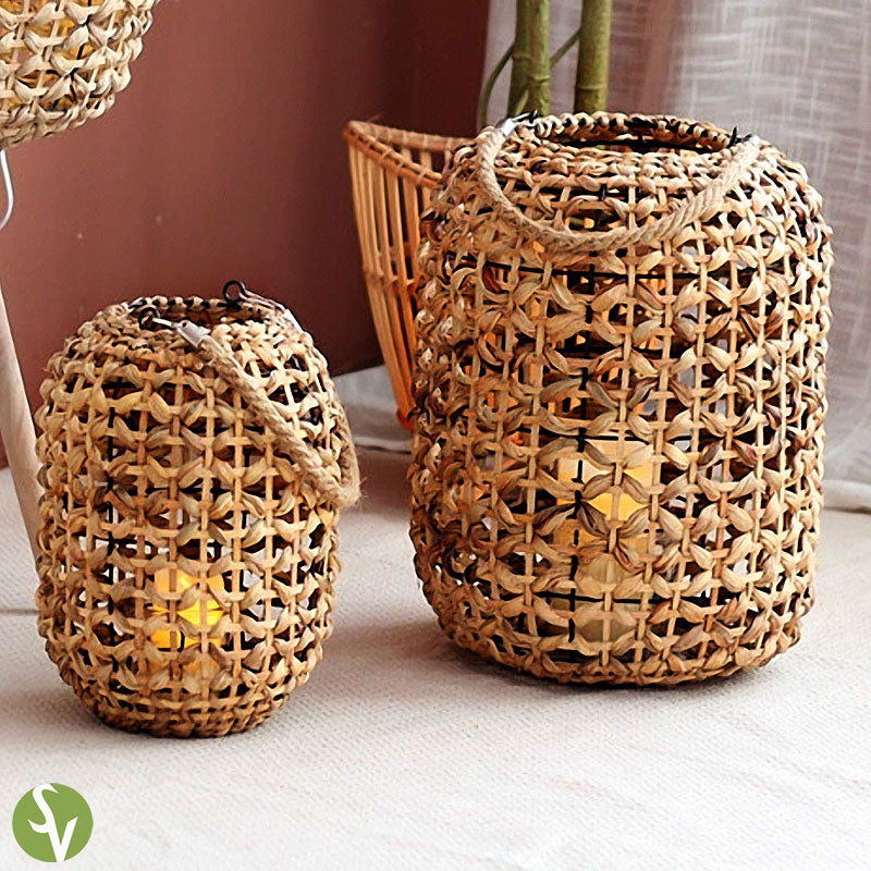 Handwoven Straw Lantern - Boho Home Decor or Outdoor Lighting