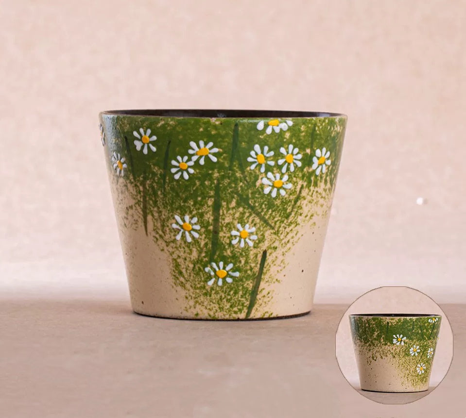 Hand-Painted Daisy Ceramic Latte Art Cup, Jingdezhen Underglaze Stoneware, 3D Raised Relief Flower Design, Pig-Mouth Espresso Mug for Coffee Lovers ---