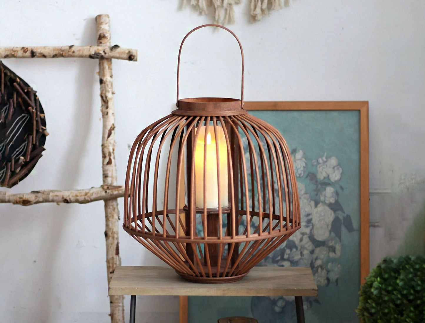 Handwoven Straw Lantern - Boho Home Decor or Outdoor Lighting