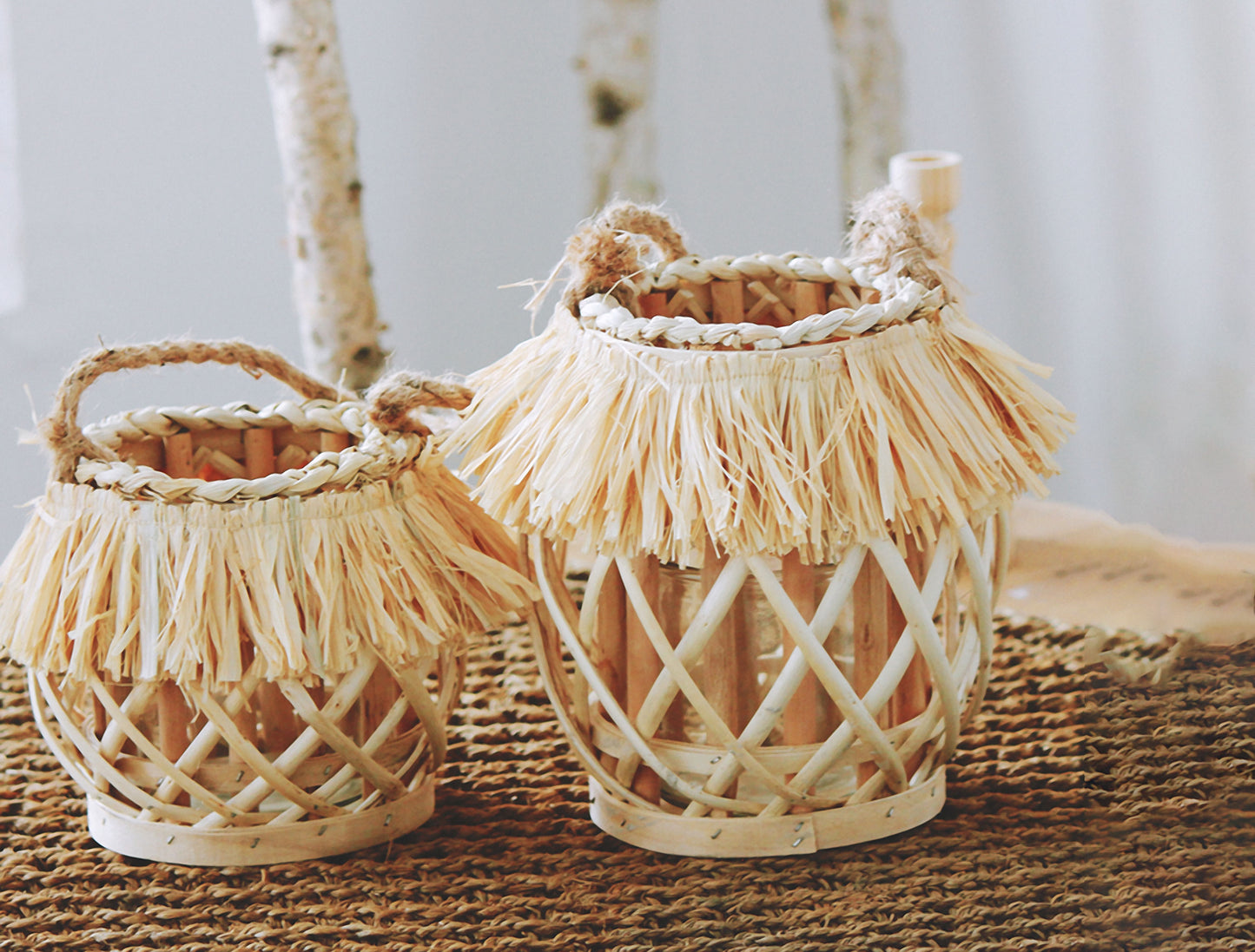 Handwoven Straw Lantern - Boho Home Decor or Outdoor Lighting