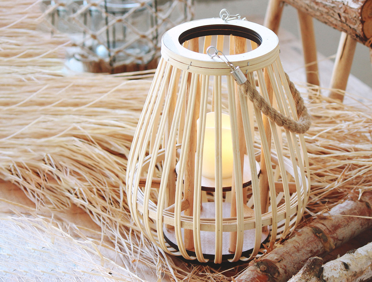 Handwoven Straw Lantern - Boho Home Decor or Outdoor Lighting