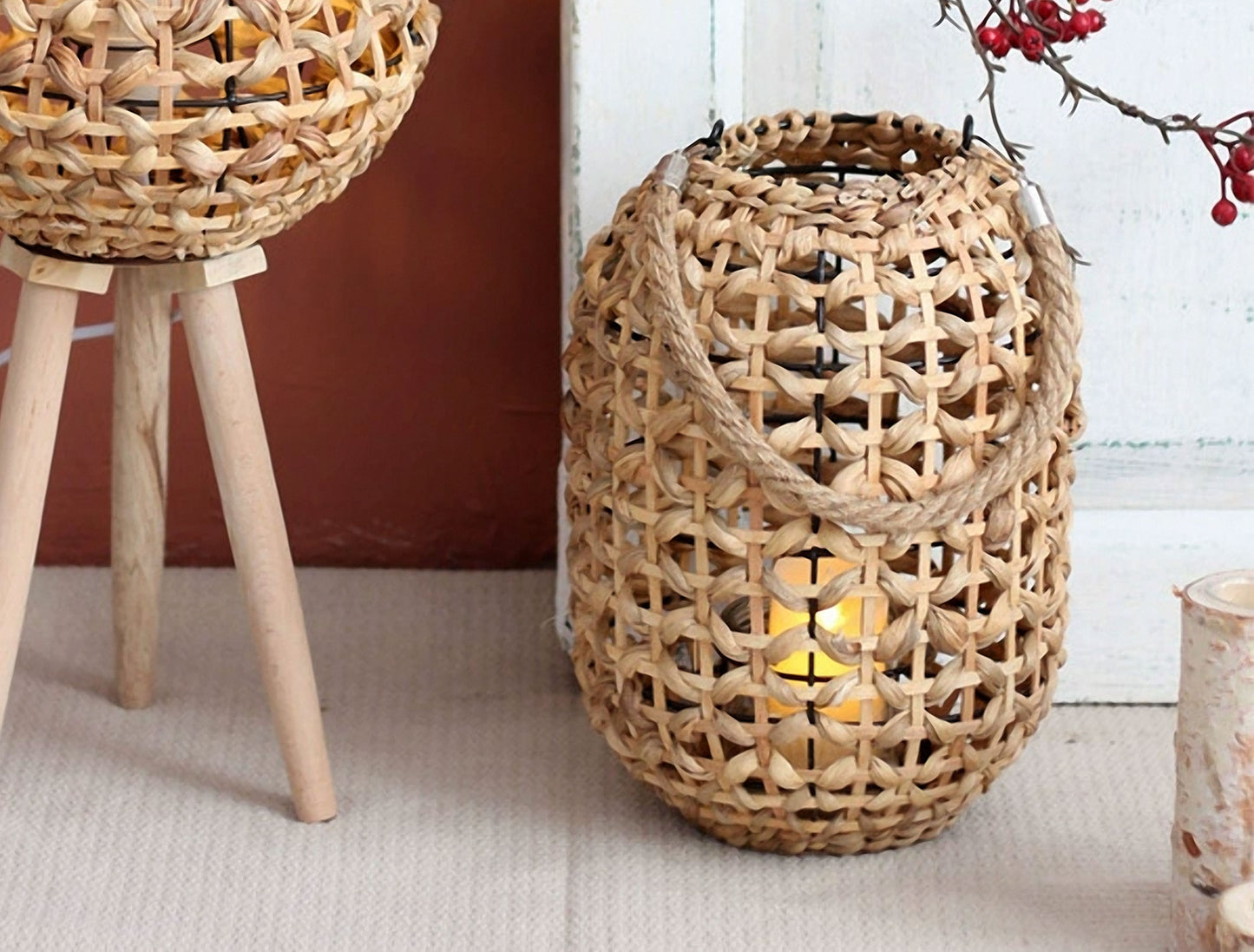 Handwoven Straw Lantern - Boho Home Decor or Outdoor Lighting