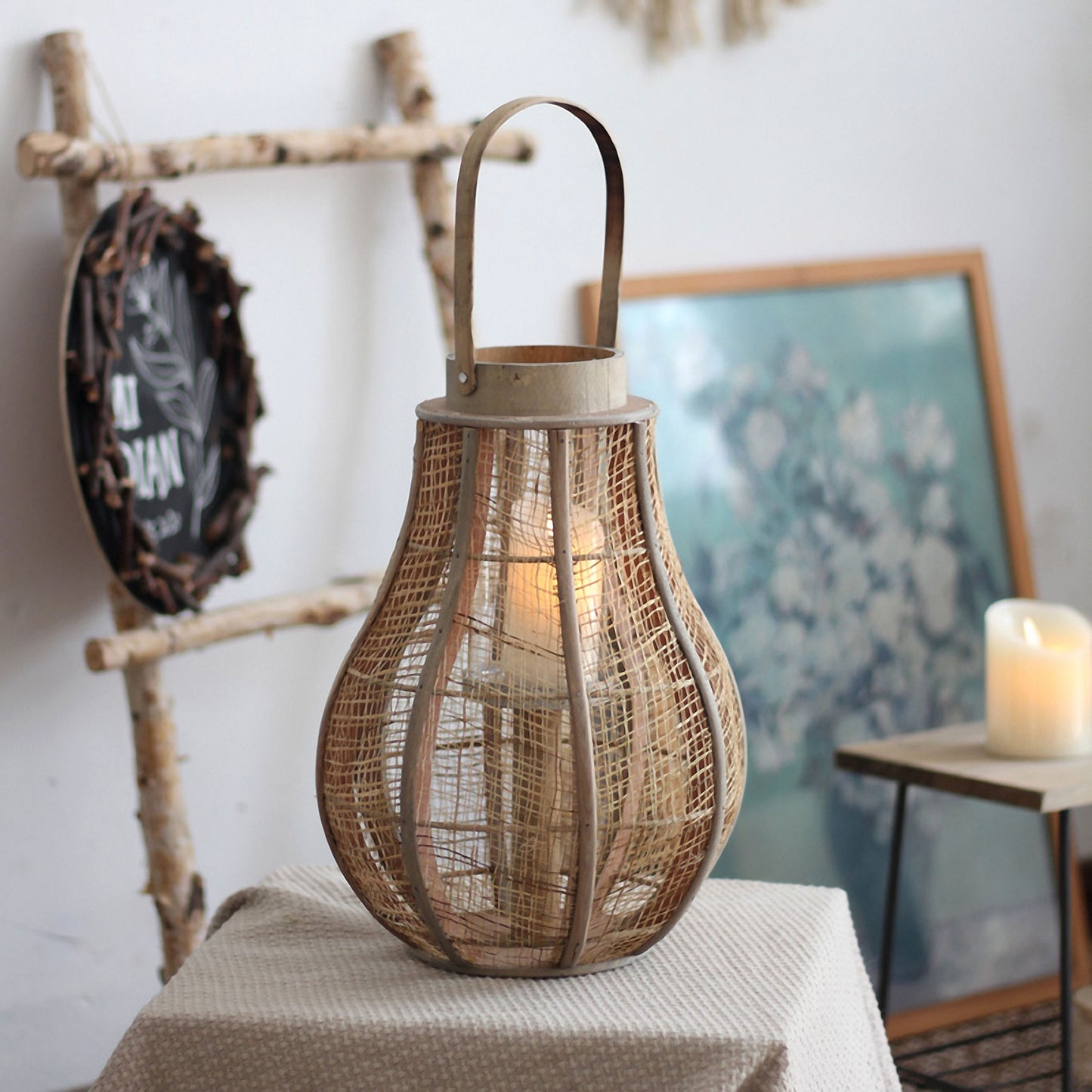 Handwoven Straw Lantern - Boho Home Decor or Outdoor Lighting