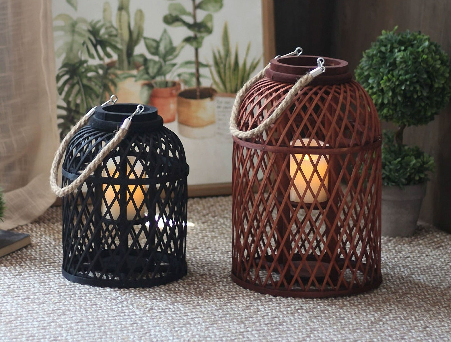 Handwoven Straw Lantern - Boho Home Decor or Outdoor Lighting