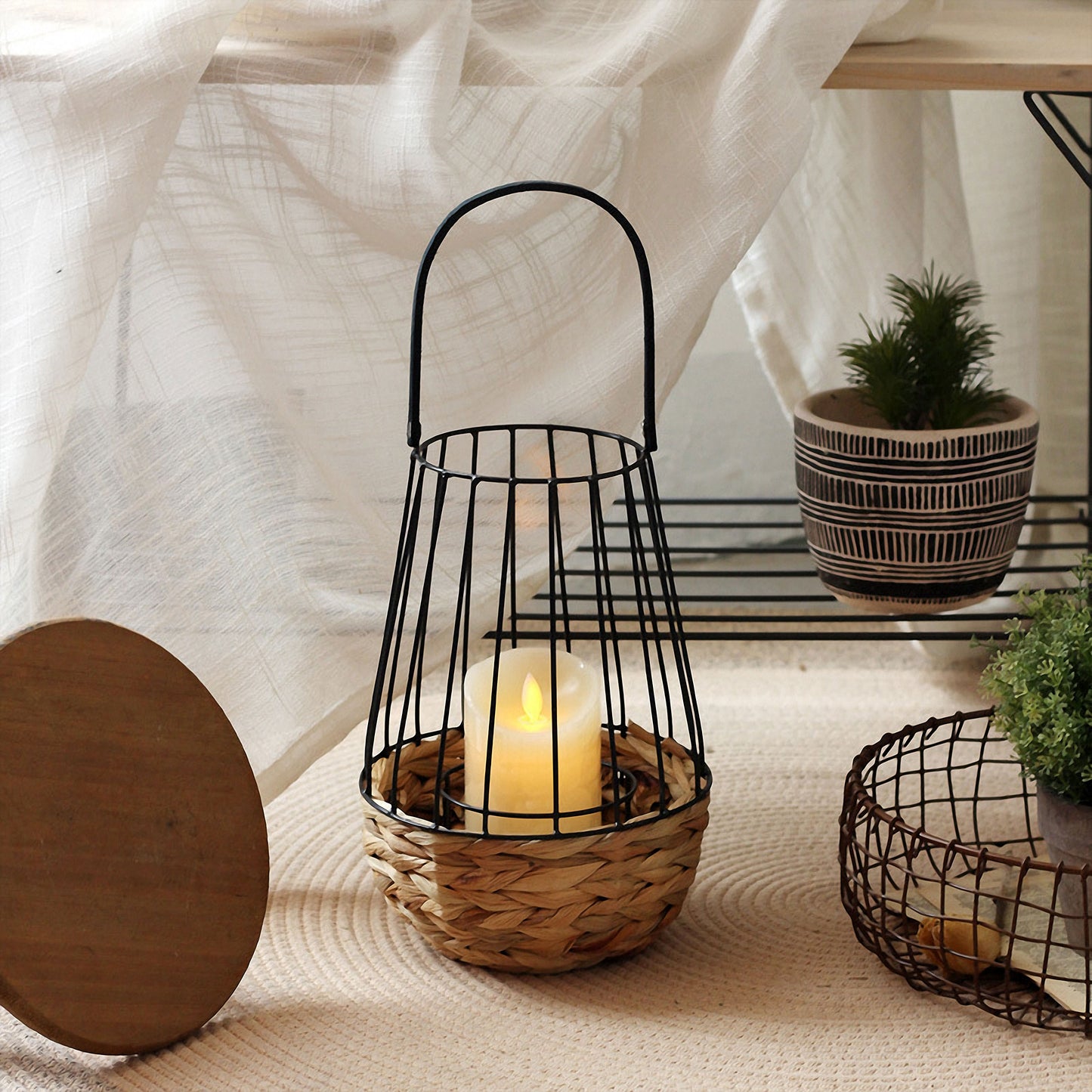 Handwoven Straw Lantern - Boho Home Decor or Outdoor Lighting