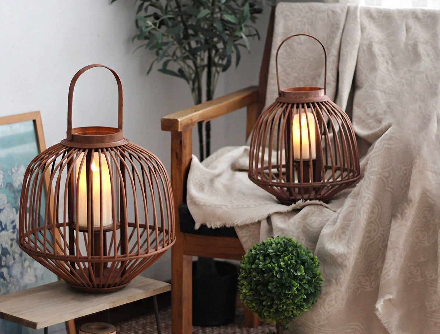 Handwoven Straw Lantern - Boho Home Decor or Outdoor Lighting