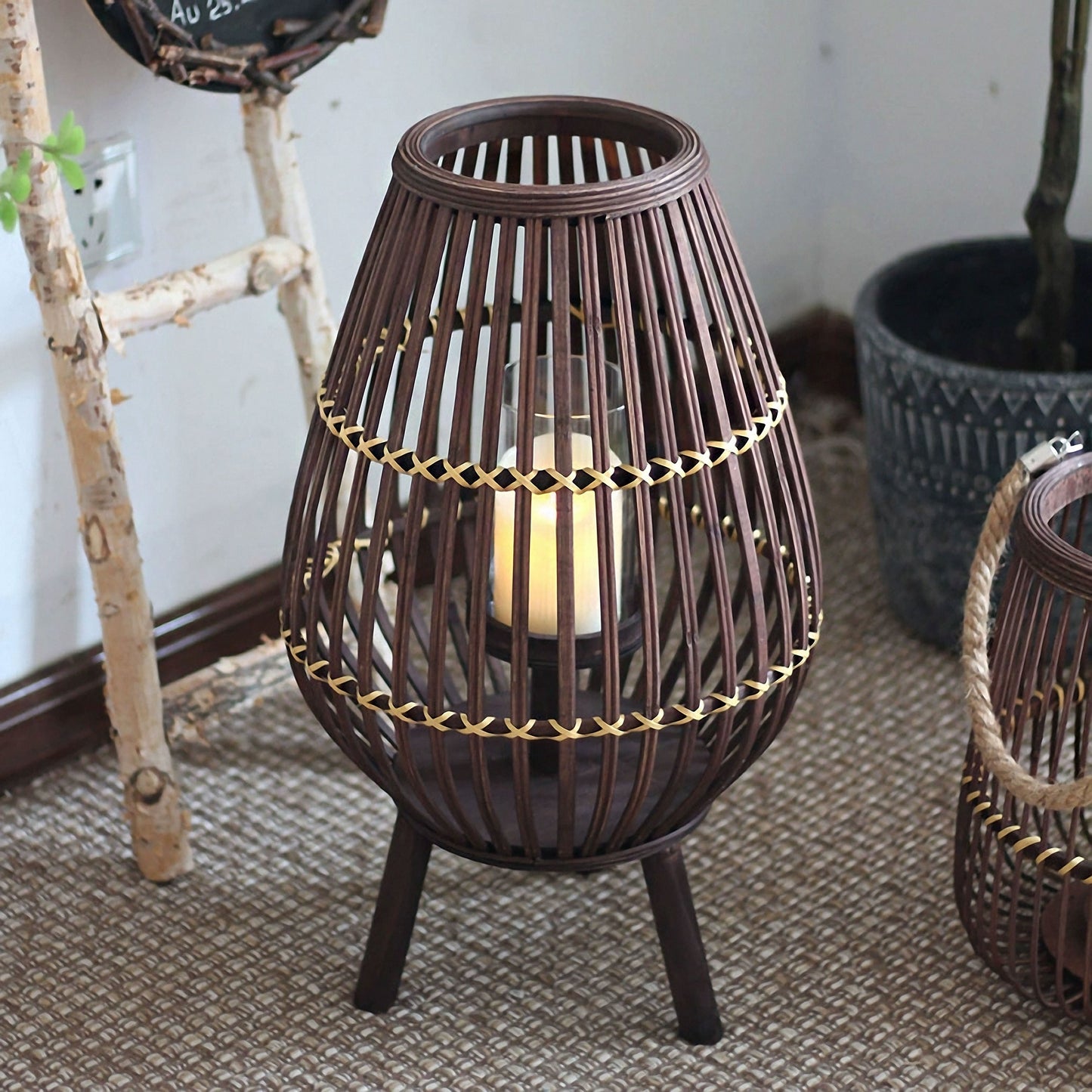 Handwoven Straw Lantern - Boho Home Decor or Outdoor Lighting