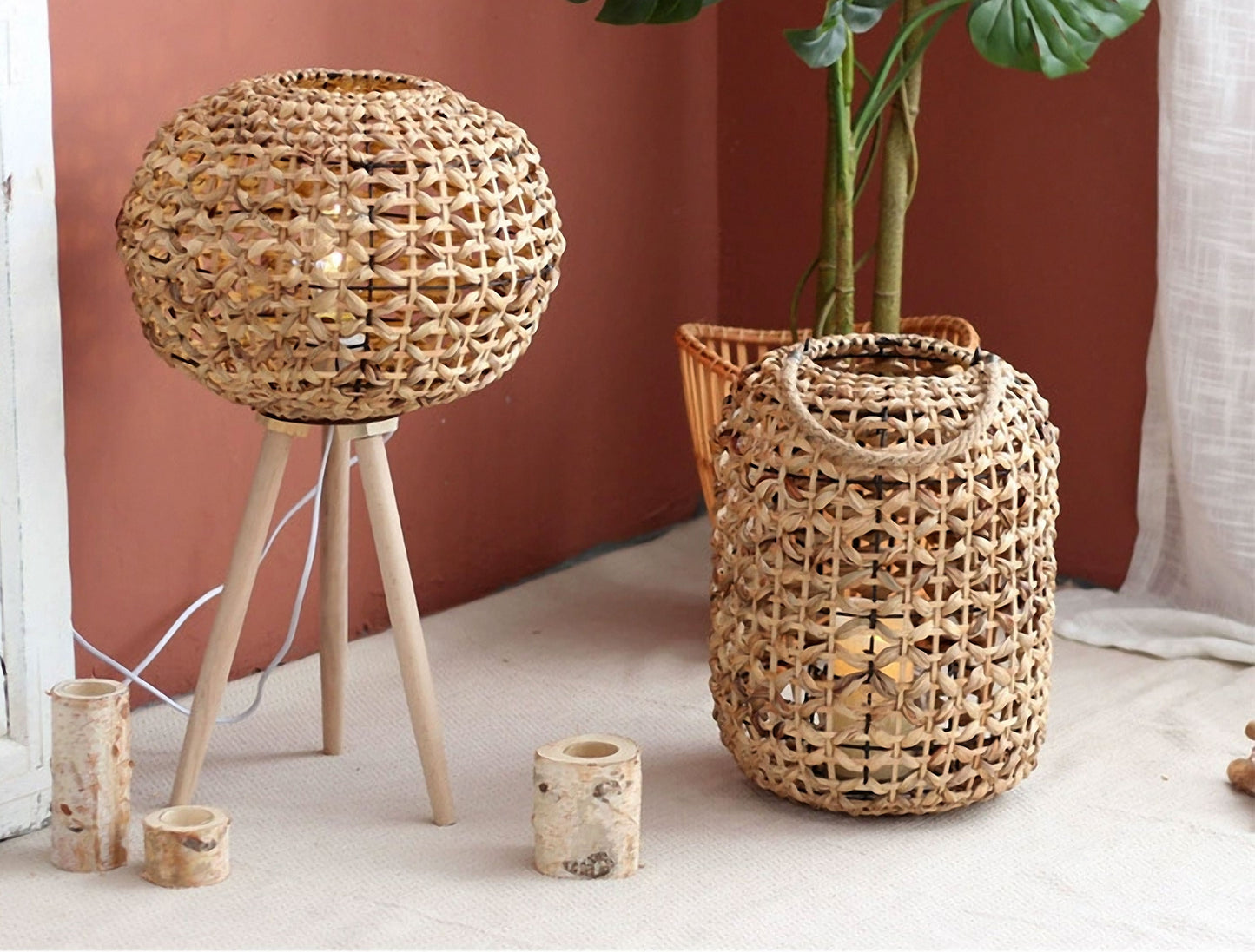 Handwoven Straw Lantern - Boho Home Decor or Outdoor Lighting