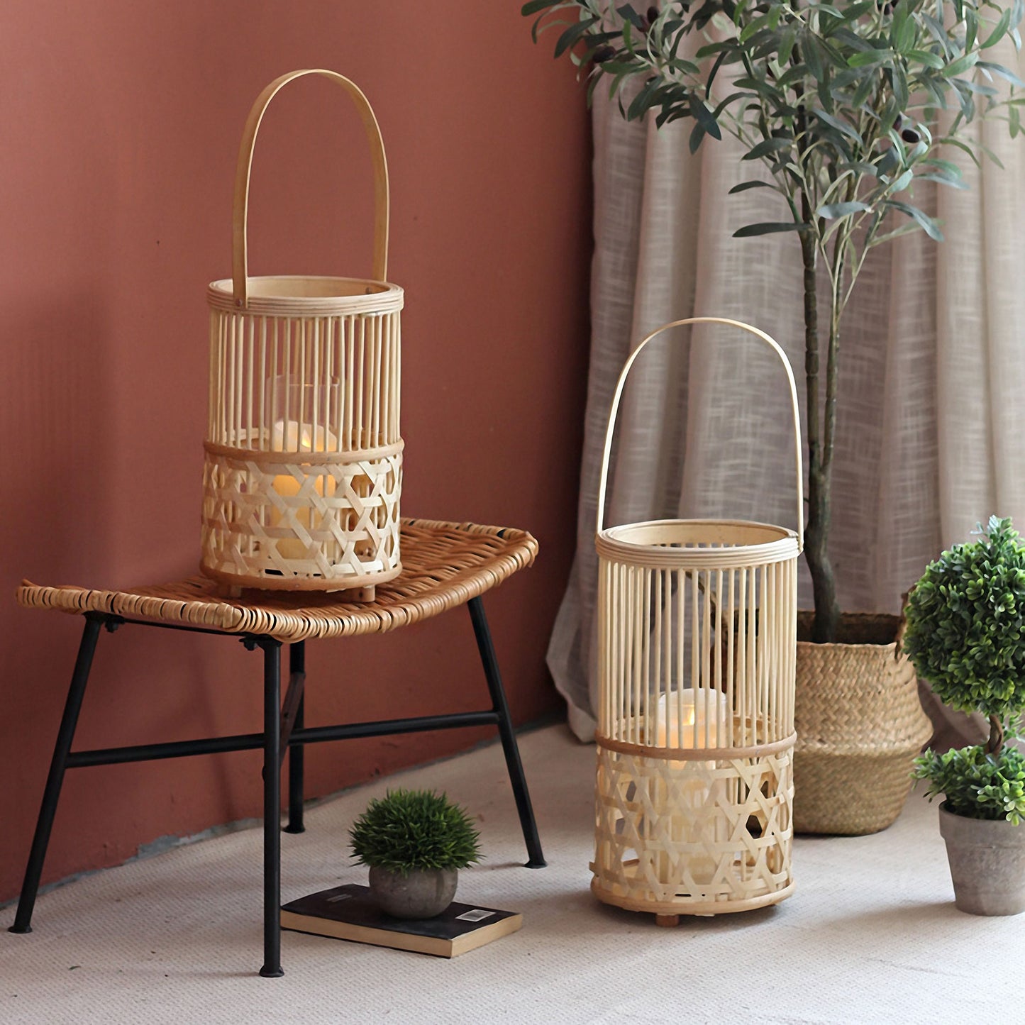 Handwoven Straw Lantern - Boho Home Decor or Outdoor Lighting