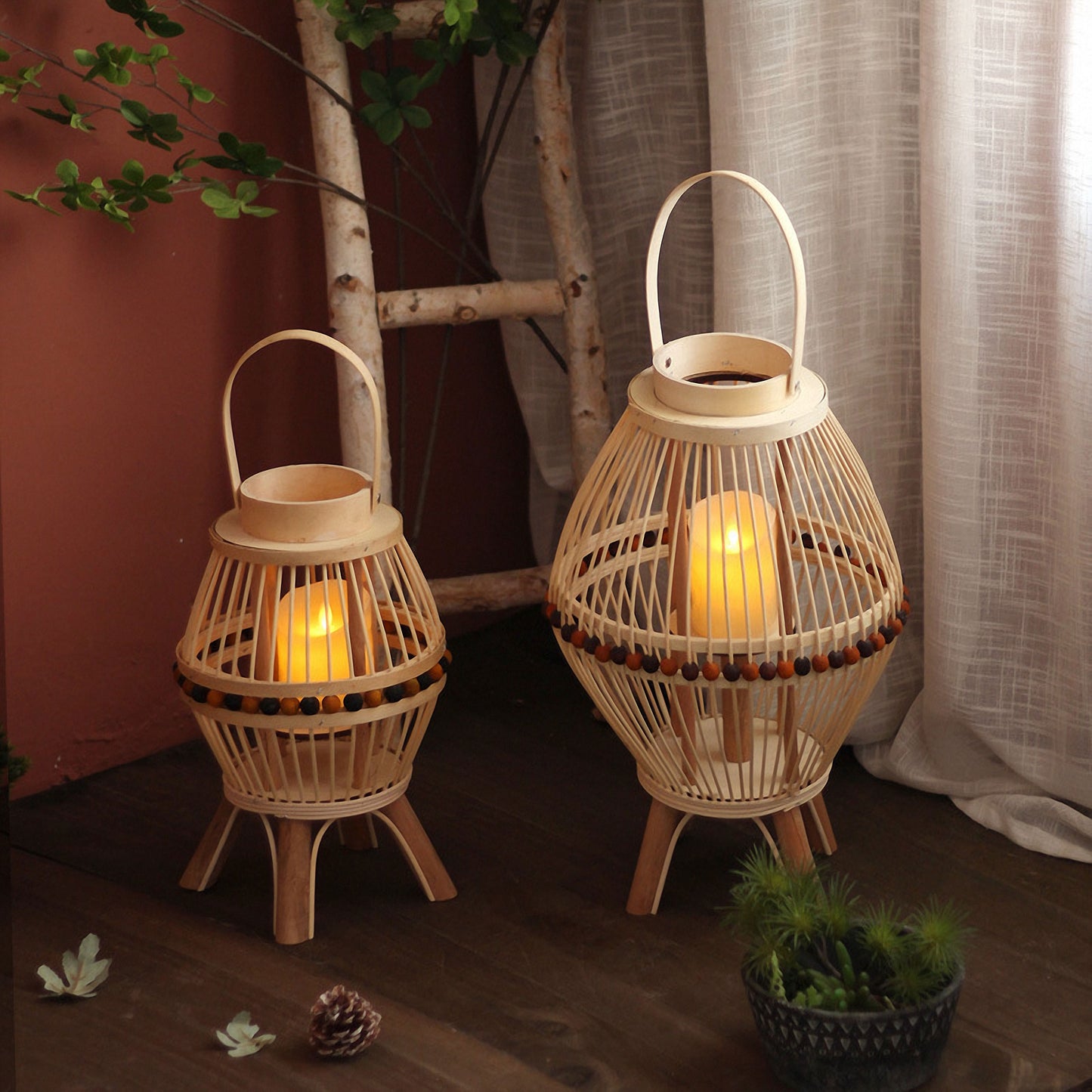 Handwoven Straw Lantern - Boho Home Decor or Outdoor Lighting