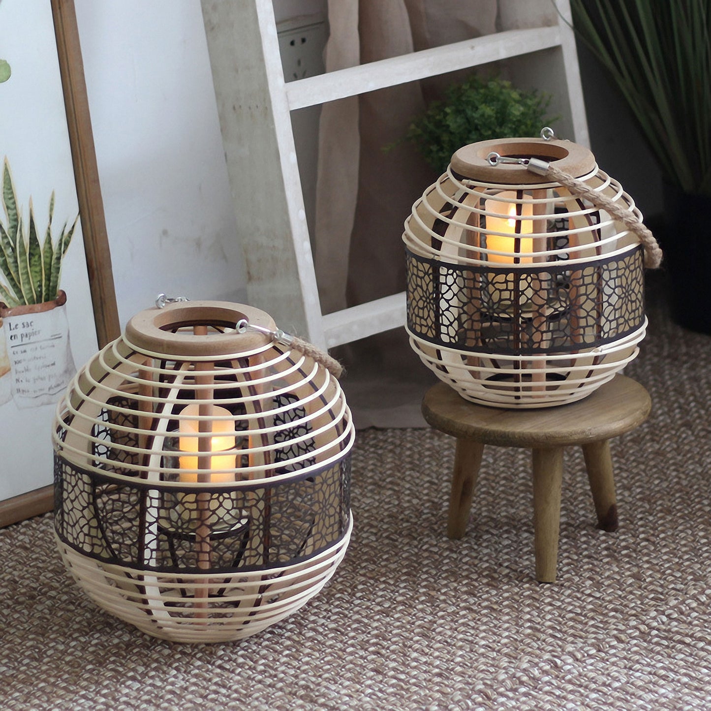 Handwoven Straw Lantern - Boho Home Decor or Outdoor Lighting