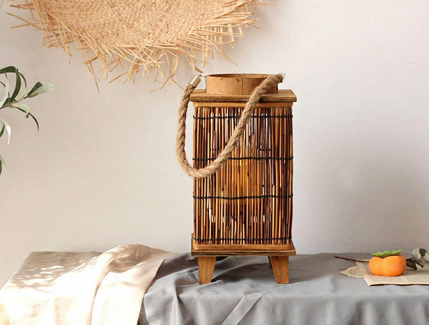 Handwoven Straw Lantern - Boho Home Decor or Outdoor Lighting