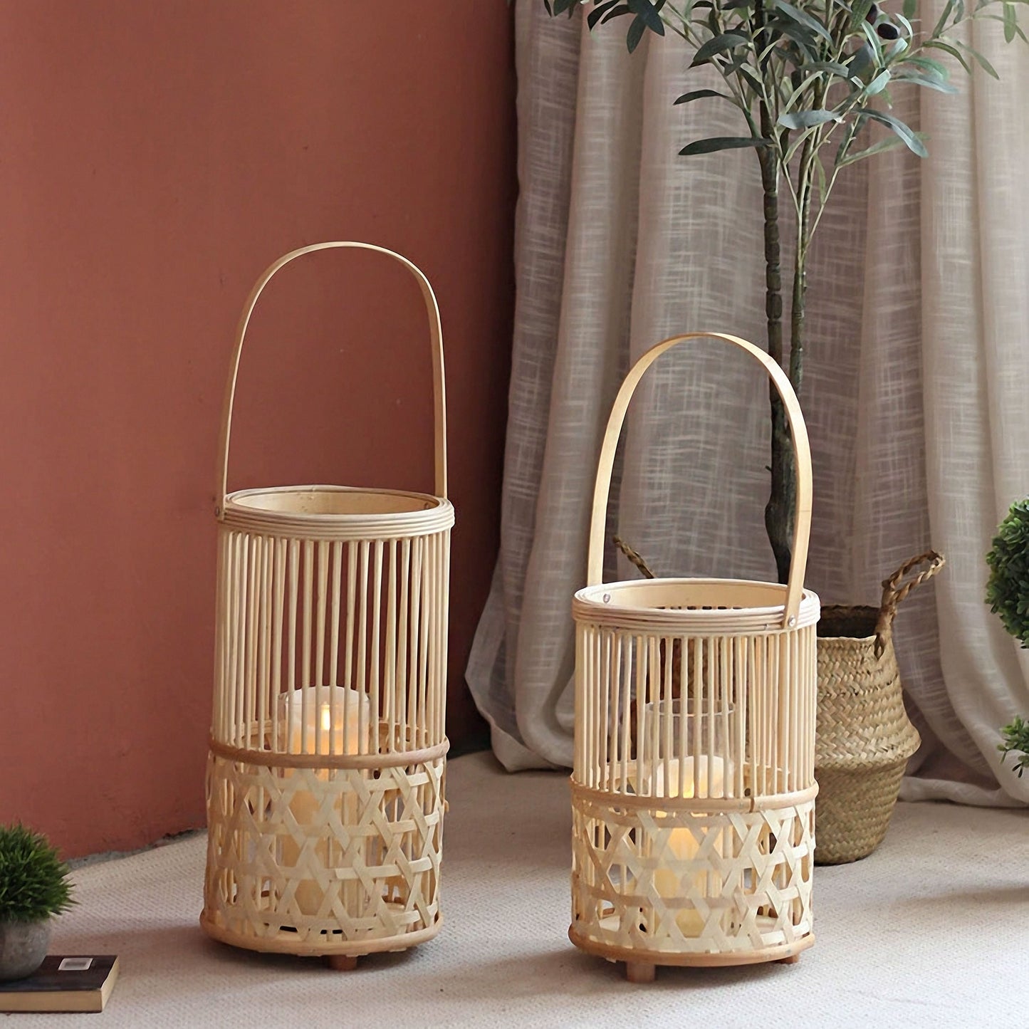 Handwoven Straw Lantern - Boho Home Decor or Outdoor Lighting