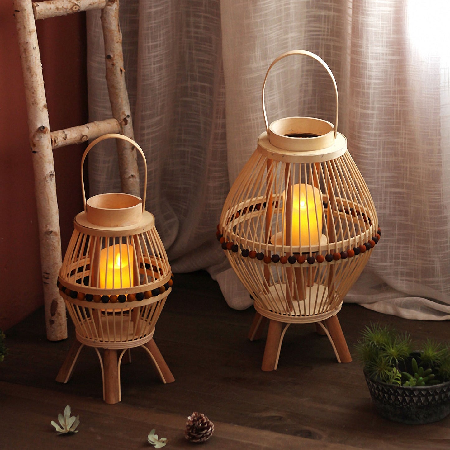 Handwoven Straw Lantern - Boho Home Decor or Outdoor Lighting