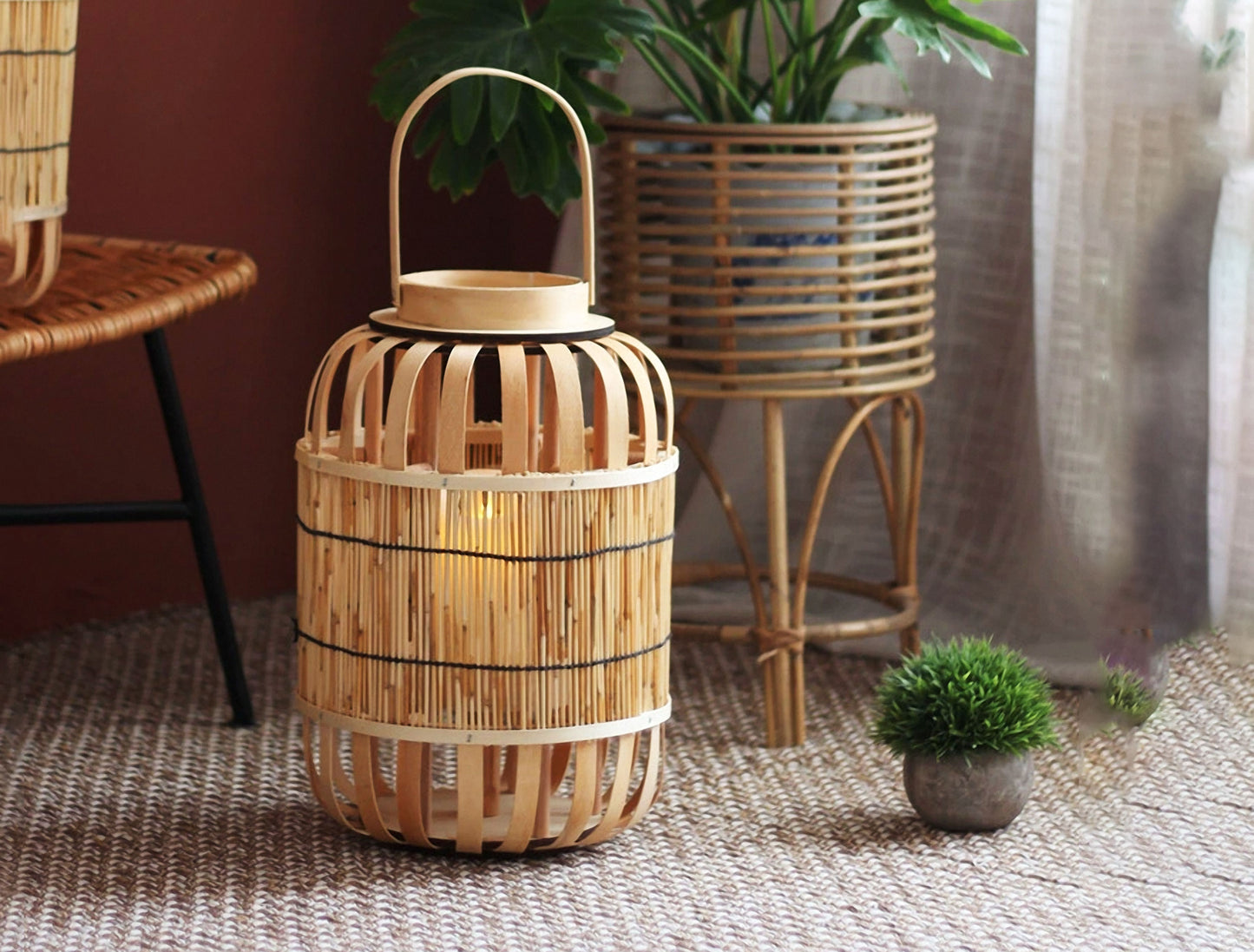 Handwoven Straw Lantern - Boho Home Decor or Outdoor Lighting