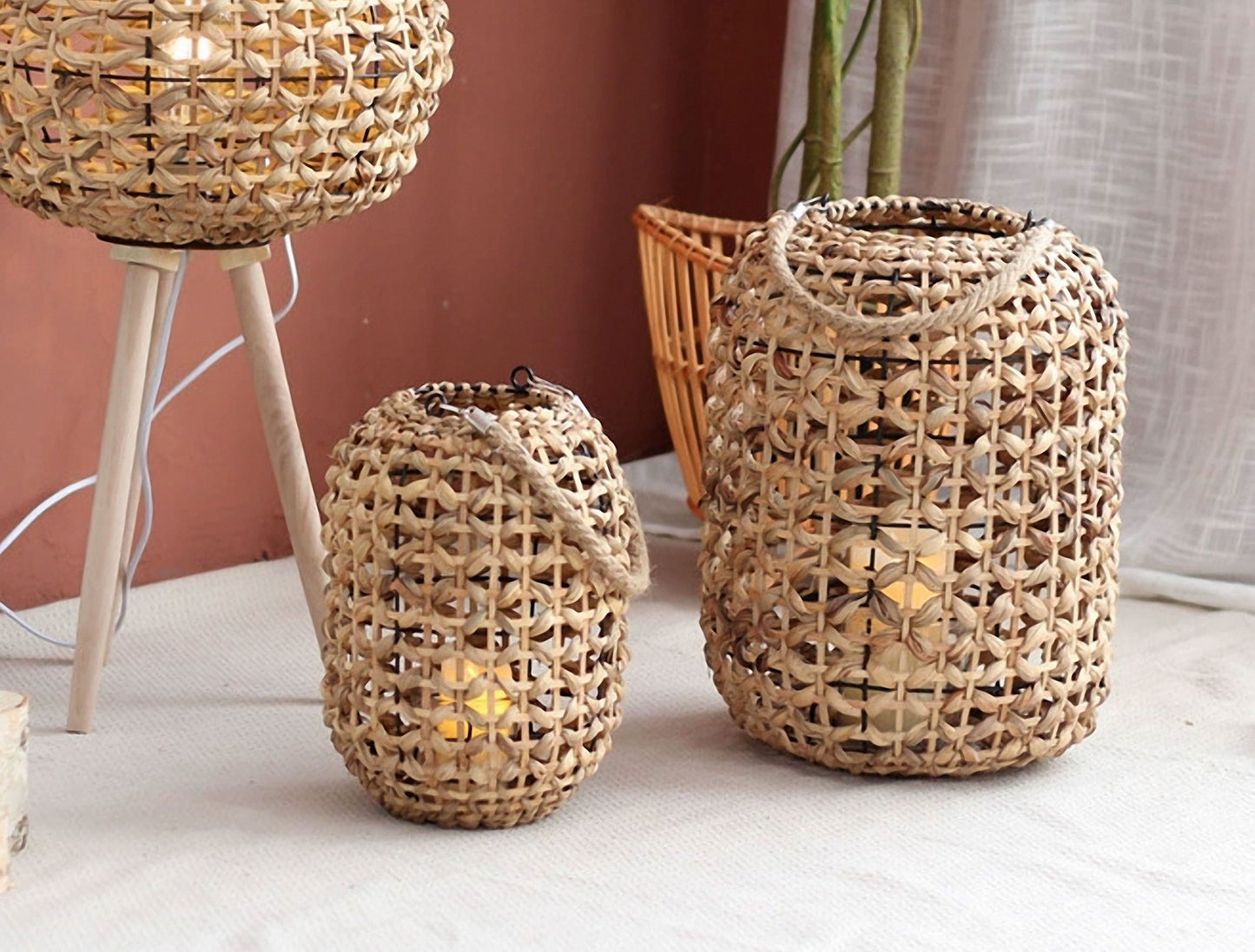 Handwoven Straw Lantern - Boho Home Decor or Outdoor Lighting