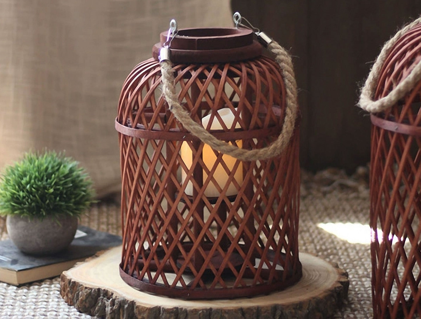 Handwoven Straw Lantern - Boho Home Decor or Outdoor Lighting