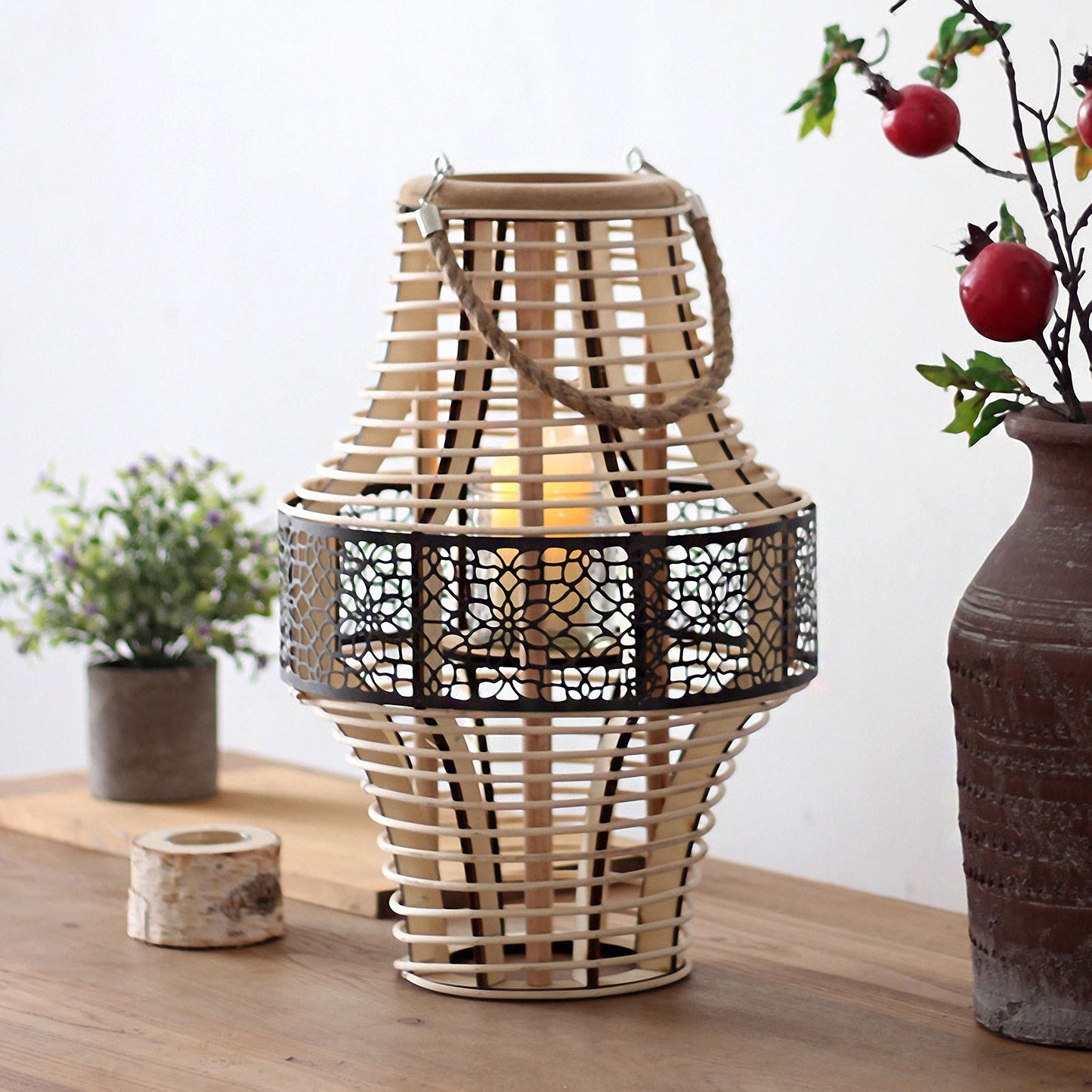 Handwoven Straw Lantern - Boho Home Decor or Outdoor Lighting