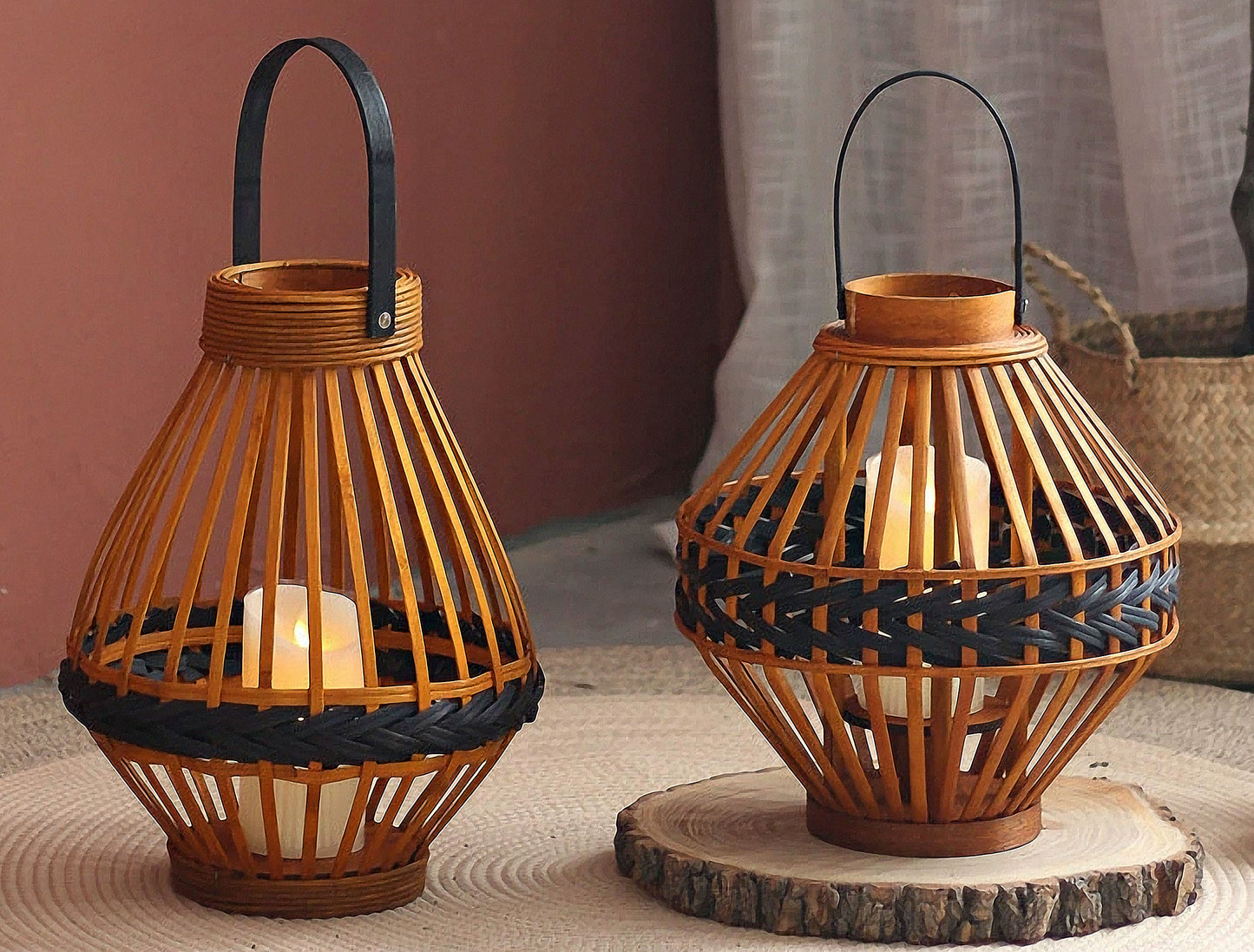 Handwoven Straw Lantern - Boho Home Decor or Outdoor Lighting