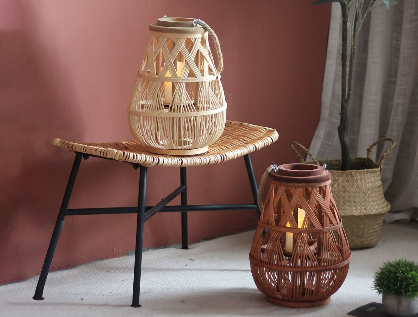 Handwoven Straw Lantern - Boho Home Decor or Outdoor Lighting