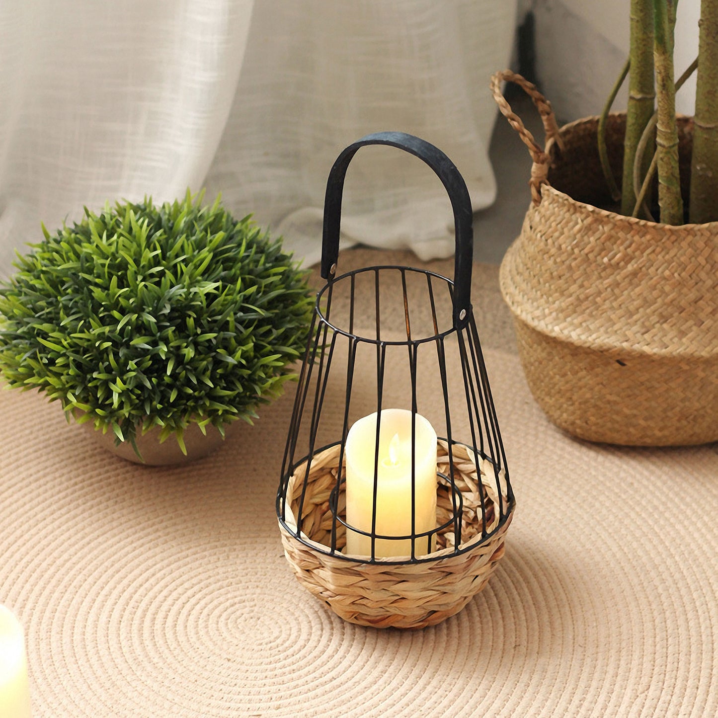 Handwoven Straw Lantern - Boho Home Decor or Outdoor Lighting
