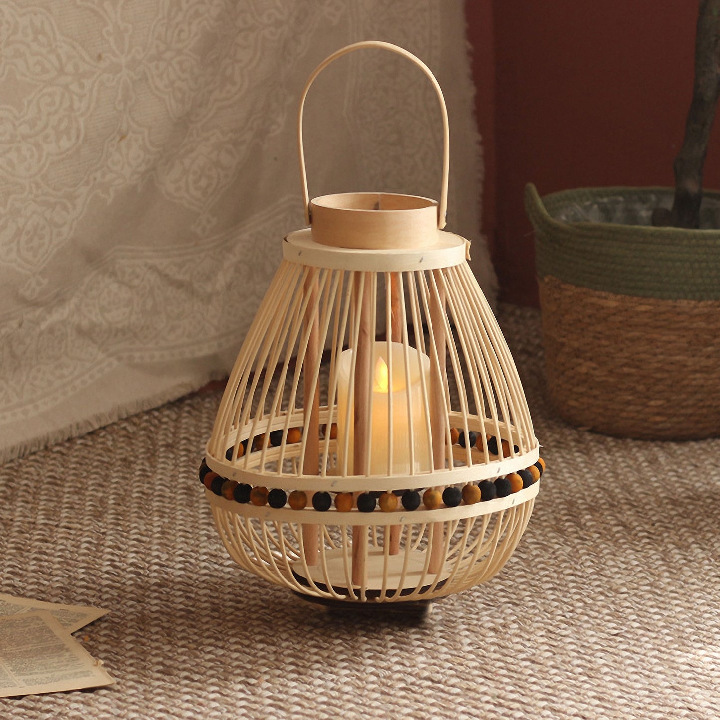 Handwoven Straw Lantern - Boho Home Decor or Outdoor Lighting