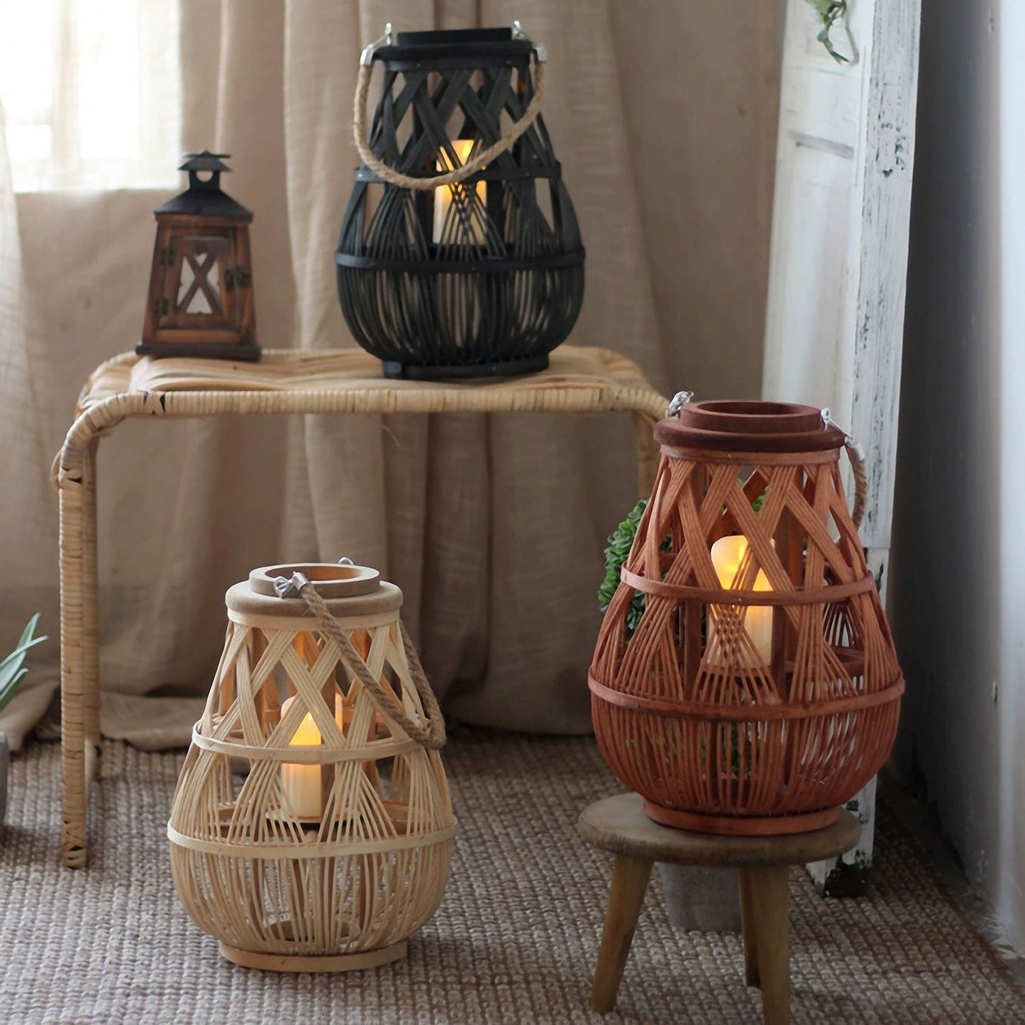 Handwoven Straw Lantern - Boho Home Decor or Outdoor Lighting