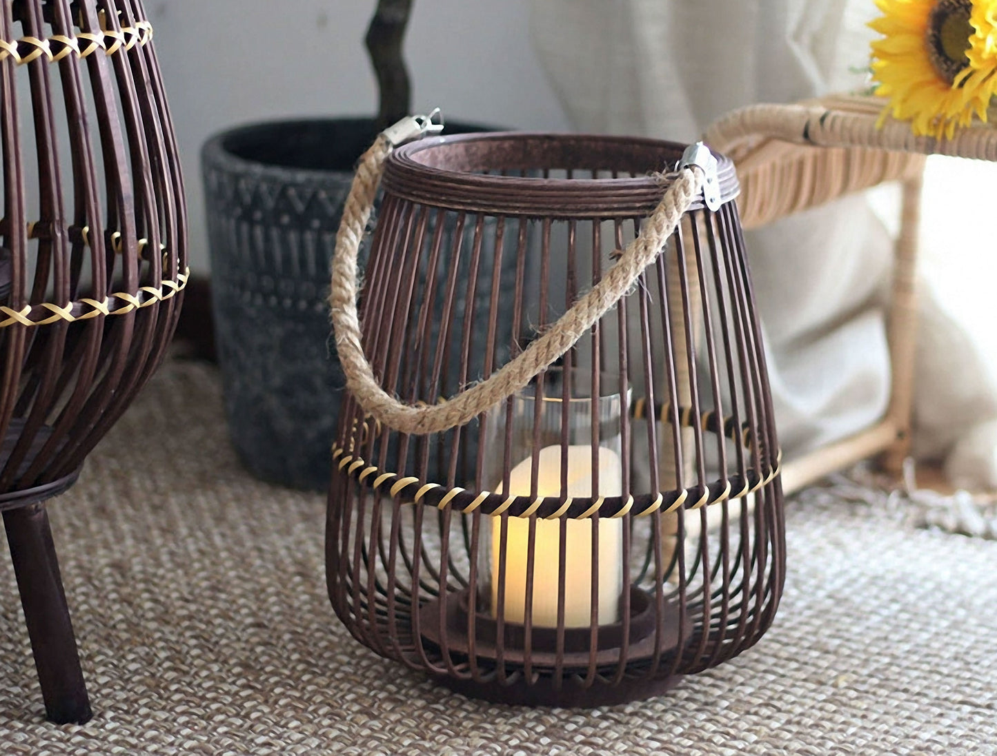 Handwoven Straw Lantern - Boho Home Decor or Outdoor Lighting