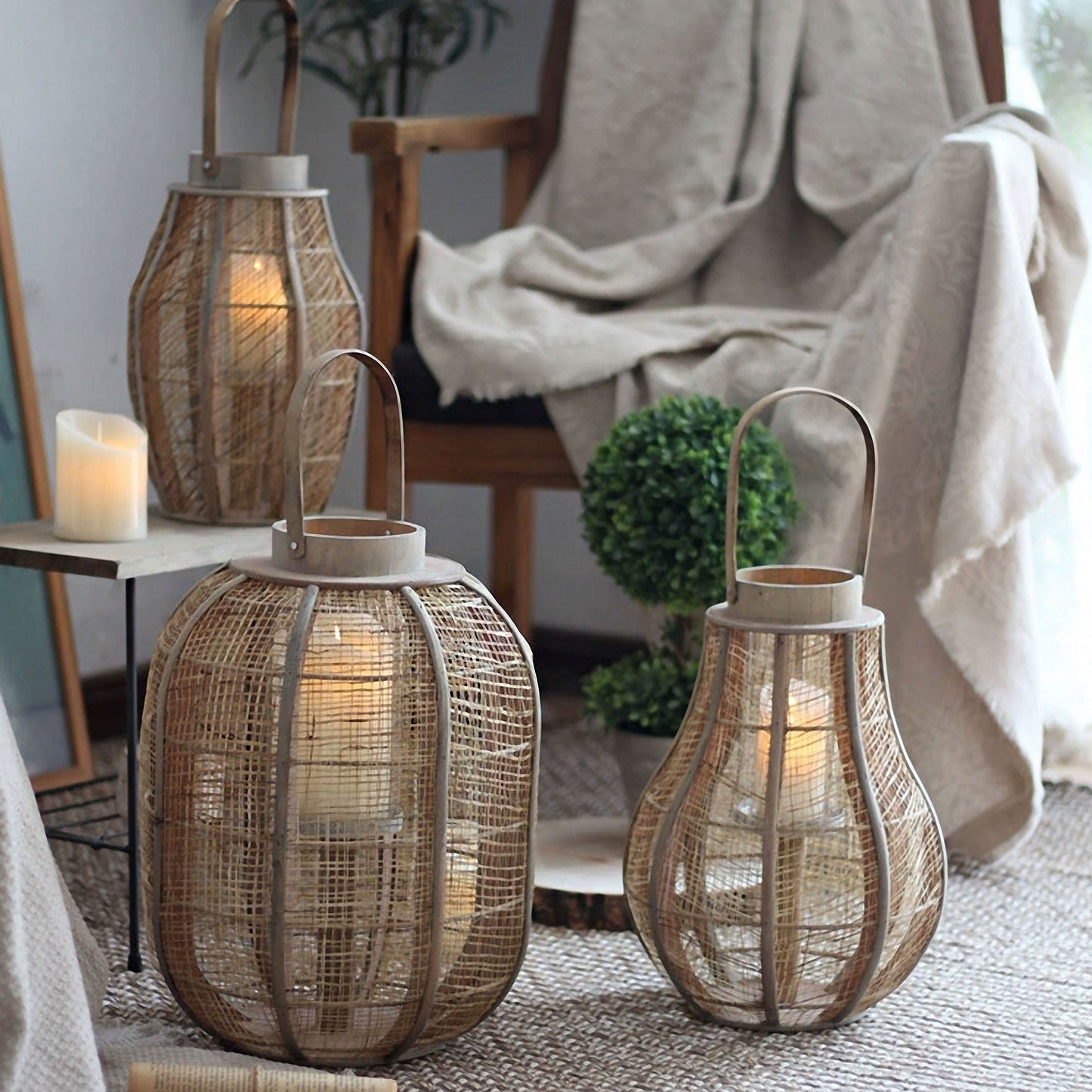 Handwoven Straw Lantern - Boho Home Decor or Outdoor Lighting