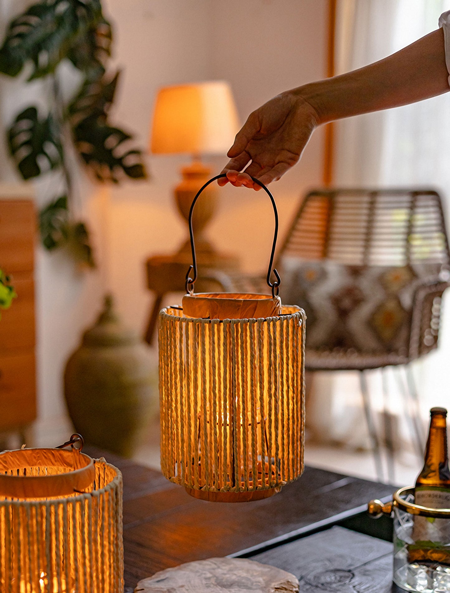 Handwoven Straw Lantern - Boho Home Decor or Outdoor Lighting