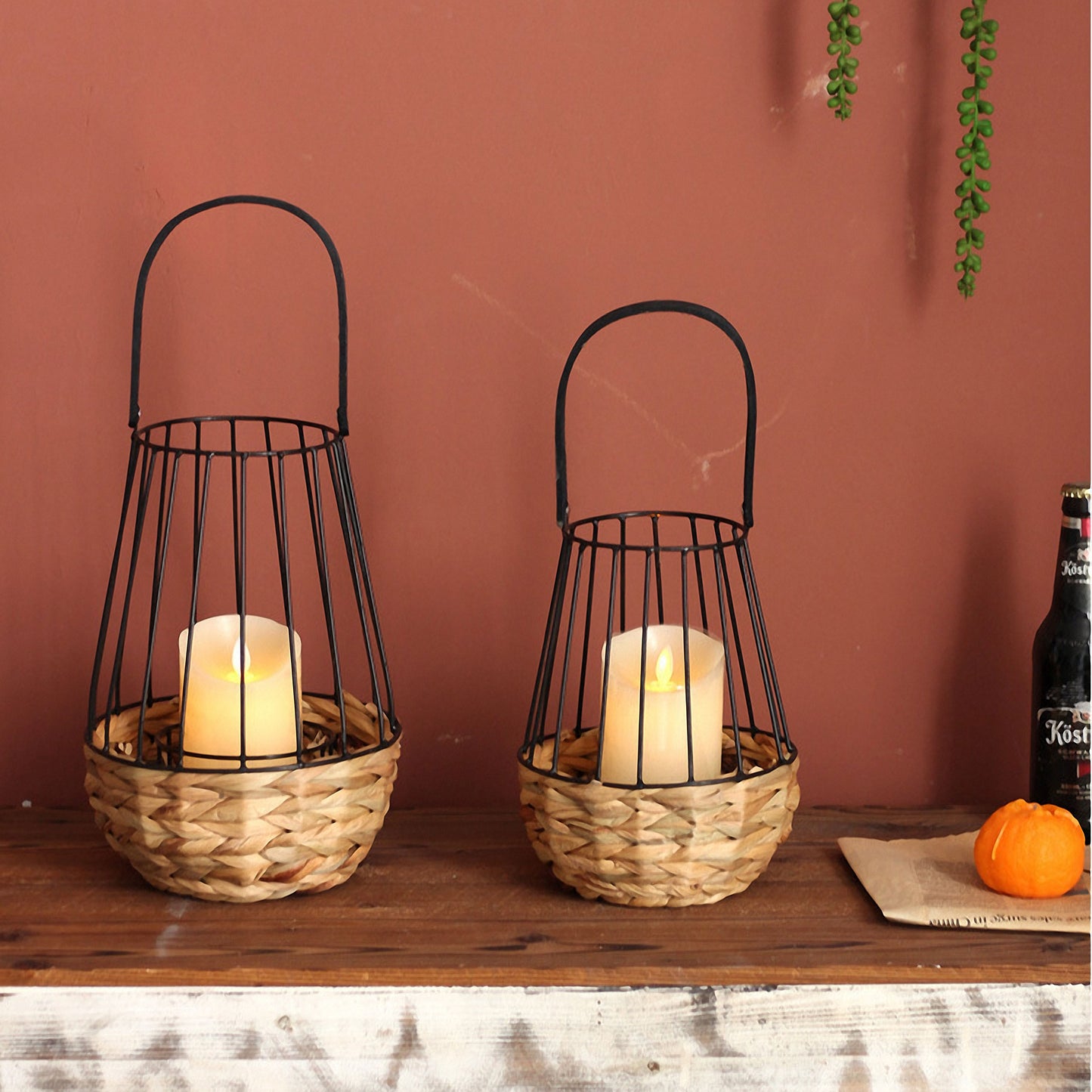 Handwoven Straw Lantern - Boho Home Decor or Outdoor Lighting