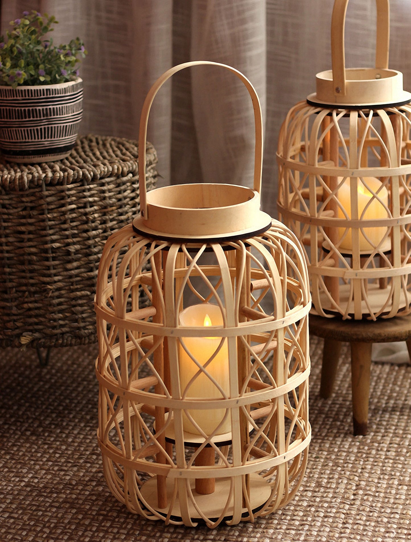 Handwoven Straw Lantern - Boho Home Decor or Outdoor Lighting