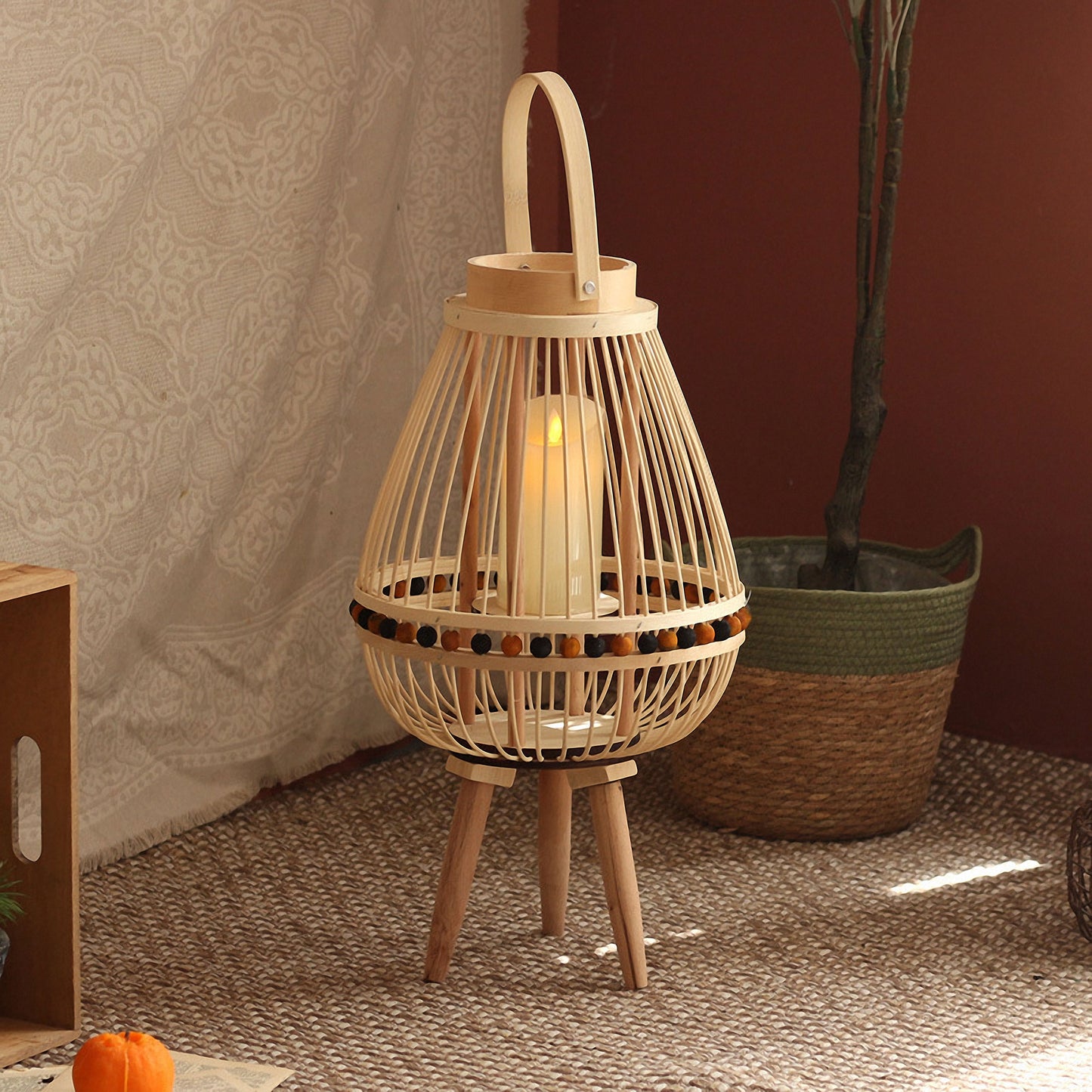 Handwoven Straw Lantern - Boho Home Decor or Outdoor Lighting