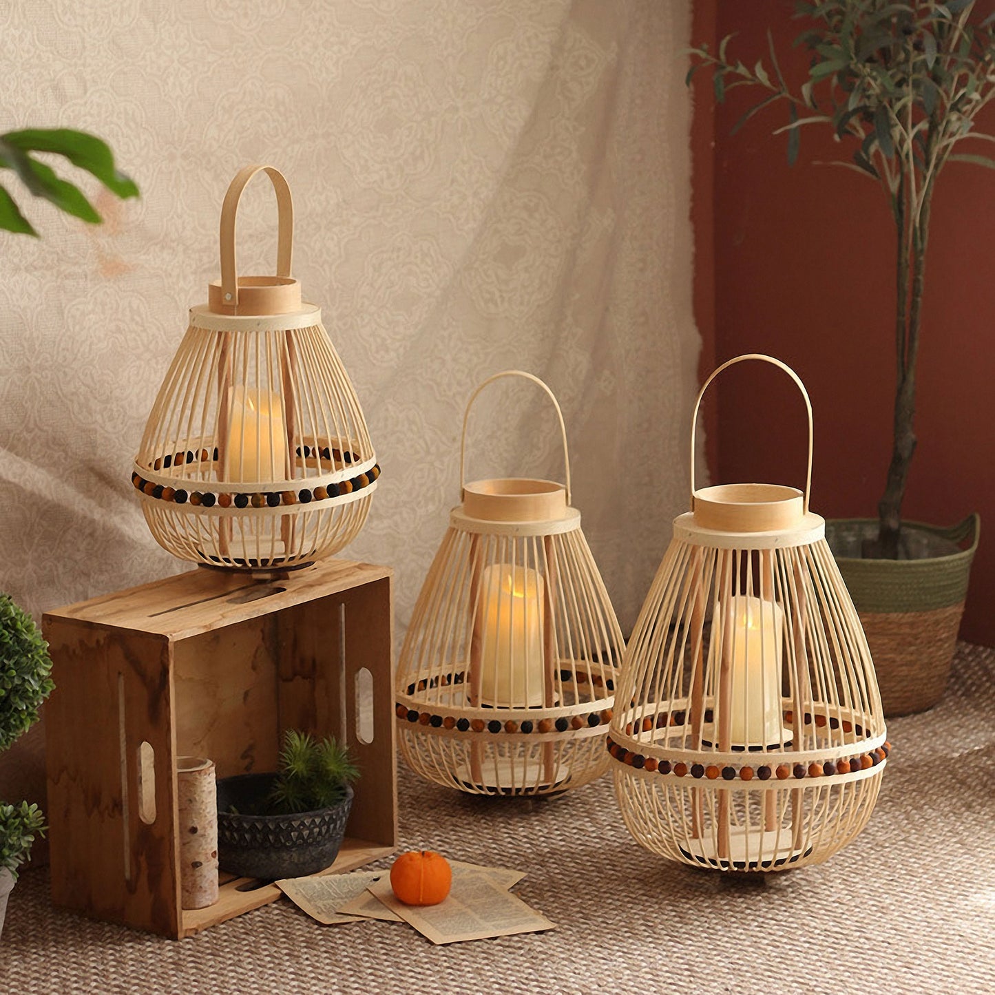 Handwoven Straw Lantern - Boho Home Decor or Outdoor Lighting