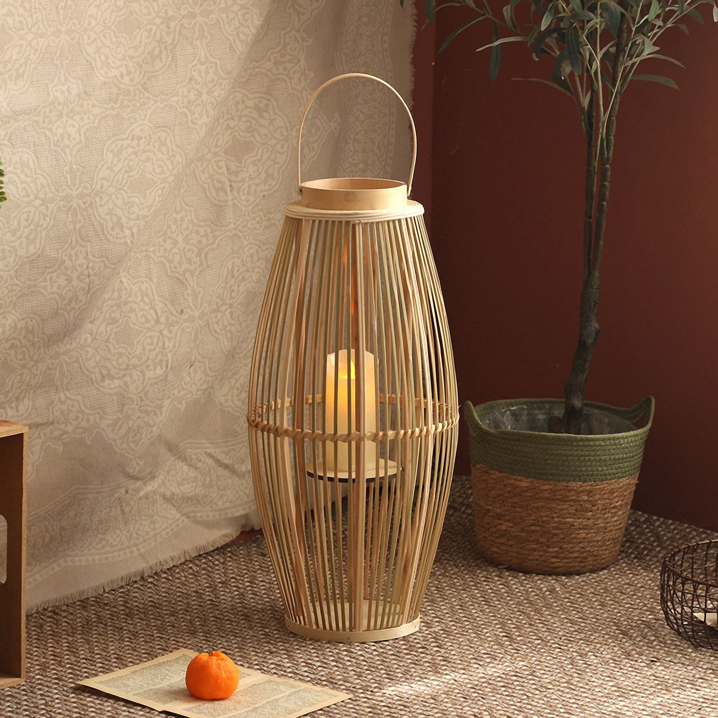 Handwoven Straw Lantern - Boho Home Decor or Outdoor Lighting