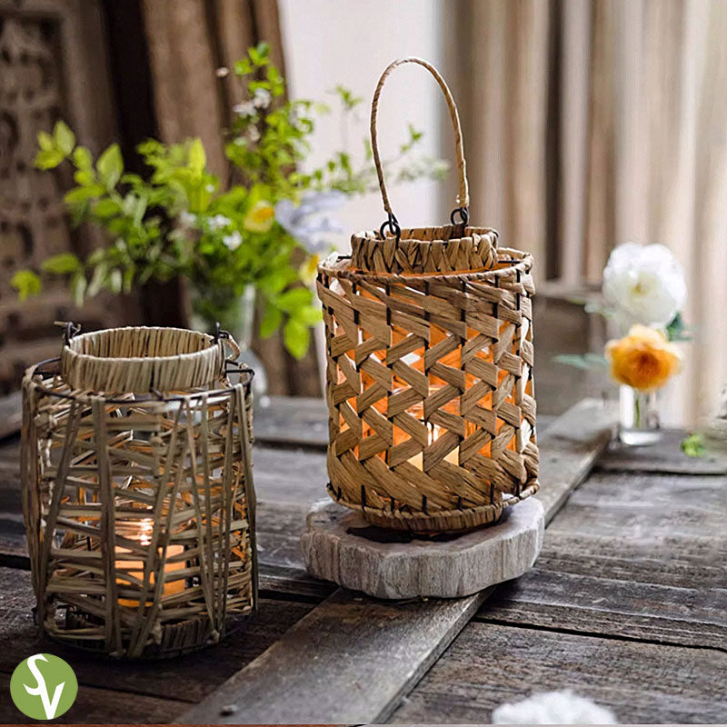 Handwoven Straw Lantern - Boho Home Decor or Outdoor Lighting
