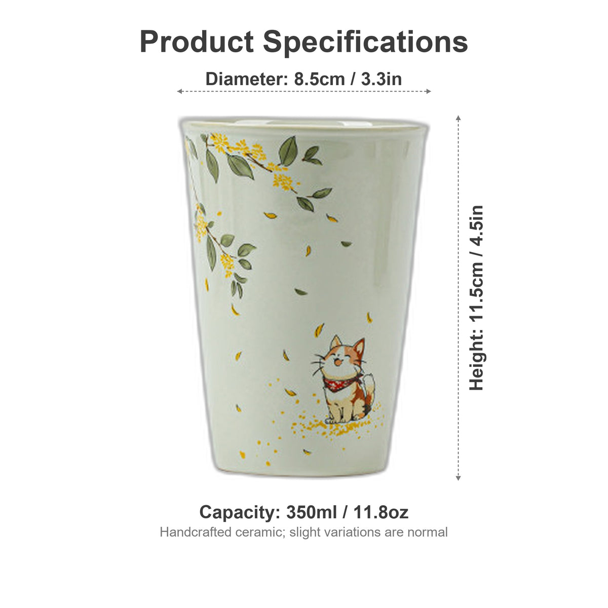 Size chart for the handcrafted ceramic mug: 350 ml capacity, 8.5 cm diameter, 11.5 cm height