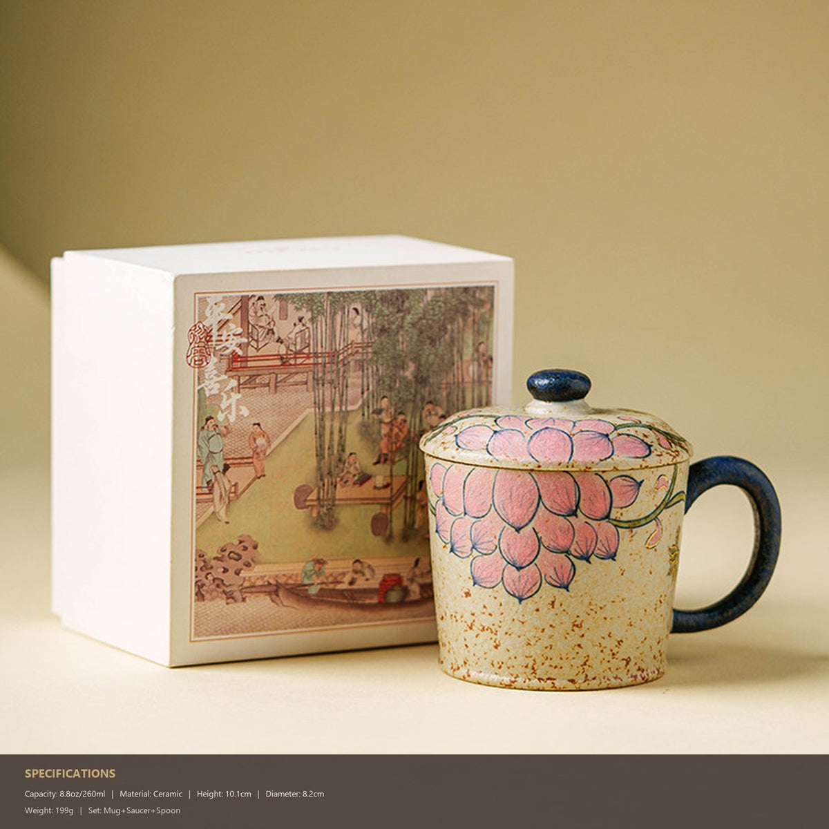 Hand-painted lotus mug with gold trim in blue-white and firestone red, gallery view 6