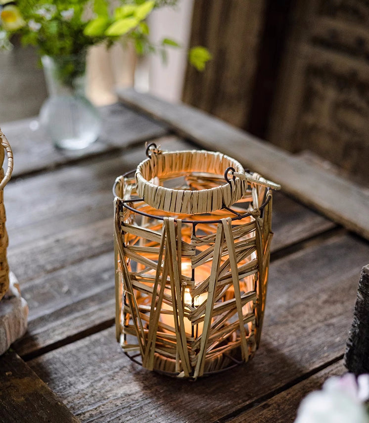 Handwoven Straw Lantern - Boho Home Decor or Outdoor Lighting