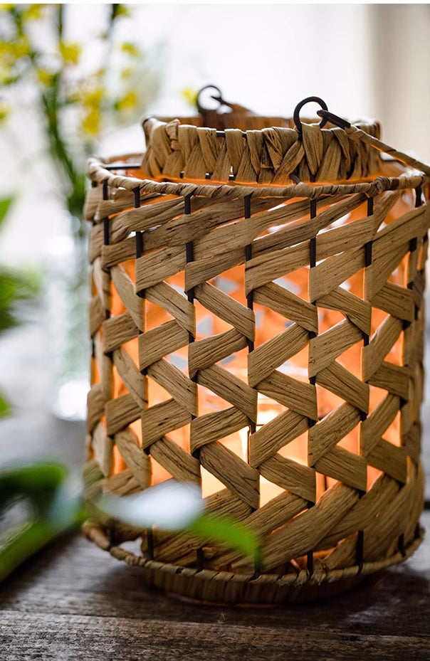 Handwoven Straw Lantern - Boho Home Decor or Outdoor Lighting