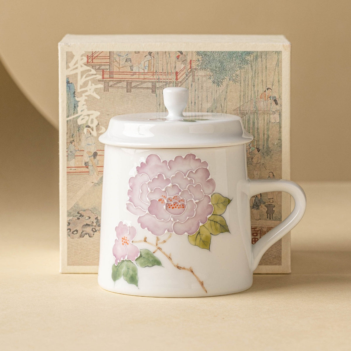 Hand-Painted Raised Hibiscus Ceramic Tea Mug Set of 2 with Lids 294ml Gift Box Home & Office