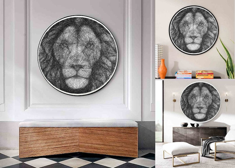 Lion One Line String Art DIY Wall Decoration Black and White Lion Framed Canvas Wall Art