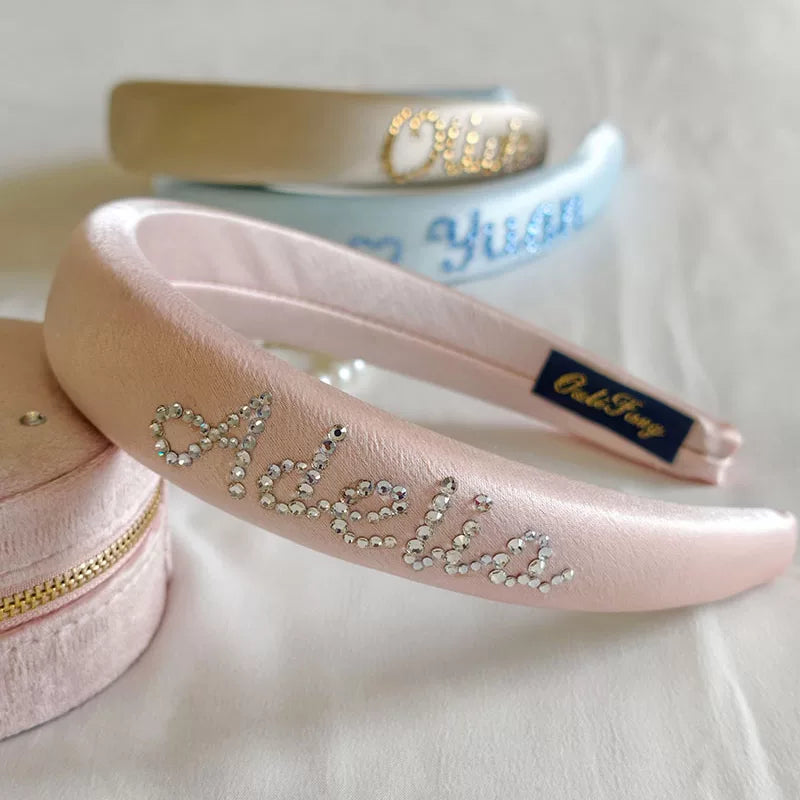 Personalized Rhinestone Name Silk Headband for Women - Custom 30 Momme Mulberry Silk Wide Padded Hair Band with Crystal Cursive Letters - Bridal Bridesmaid Wedding Birthday Gift, 5 Colors