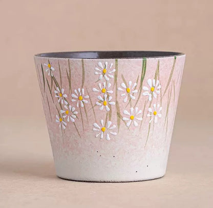 Hand-Painted Daisy Ceramic Latte Art Cup, Jingdezhen Underglaze Stoneware, 3D Raised Relief Flower Design, Pig-Mouth Espresso Mug for Coffee Lovers ---