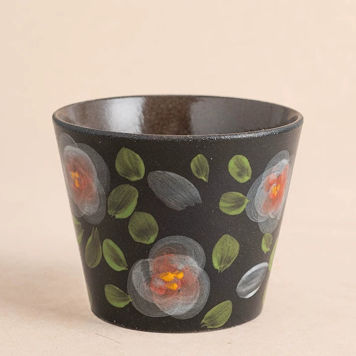 Black Stoneware Camellia Tea Cup, Jingdezhen Matte Black Pottery Hand-Painted Floral Handleless Master Cup, 150-200ml Artisan Espresso Tea Sipper, Crimson Misty Camellia Flower Chinese Gongfu Tea Cup Gift