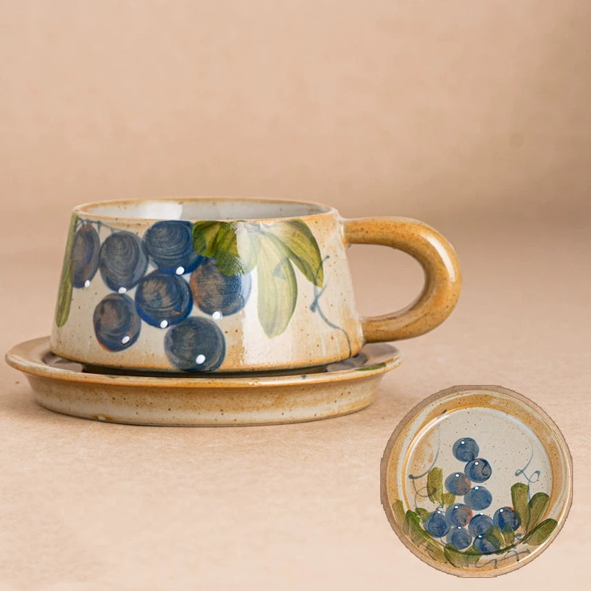 Rustic Stoneware Coffee Cup Saucer Set, Jingdezhen Hand-Painted Fruit Floral Ceramic Latte Mug, Chunky Thick Handle, 200-250ml Strawberry Grape Tulip Artisan Cup with Matching Saucer Gift Set