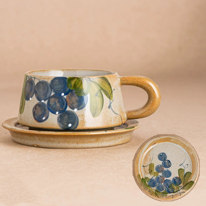 Rustic Stoneware Coffee Cup Saucer Set, Jingdezhen Hand-Painted Fruit Floral Ceramic Latte Mug, Chunky Thick Handle, 200-250ml Strawberry Grape Tulip Artisan Cup with Matching Saucer Gift Set