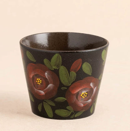 Black Stoneware Camellia Tea Cup, Jingdezhen Matte Black Pottery Hand-Painted Floral Handleless Master Cup, 150-200ml Artisan Espresso Tea Sipper, Crimson Misty Camellia Flower Chinese Gongfu Tea Cup Gift