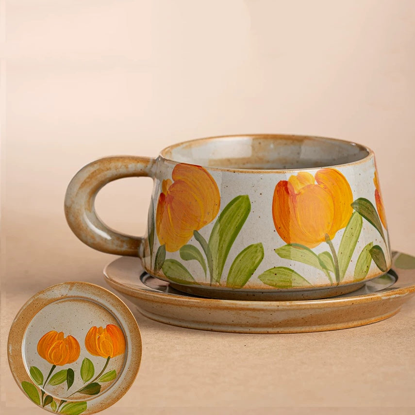 Rustic Stoneware Coffee Cup Saucer Set, Jingdezhen Hand-Painted Fruit Floral Ceramic Latte Mug, Chunky Thick Handle, 200-250ml Strawberry Grape Tulip Artisan Cup with Matching Saucer Gift Set